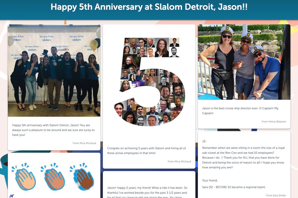 5th anniversary Kudoboard with happy and grateful posts and photos is an example of inexpensive ways to boost morale in the workplace